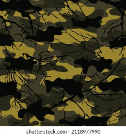 Camuflaje con ramas de árboles, huella forestal. Forma vectorial de vestir.