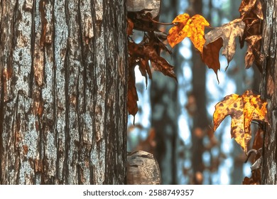 A camouflage tree stand camo pattern is displayed on the side of an old oak in autumn, with leaves hanging from its branches
