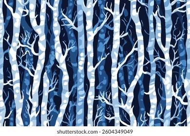Camouflage trees in a winter wonderland, their trunks covered in frost that mimics snow patterns