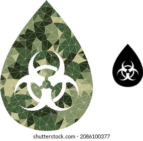 Camouflage Dreieck Collage Biorisk Drop Symbol. Low-Poly-Biorisk-Drop-Icon, das mit chaotischen khaki-Farbdreieck-Teilen entworfen wurde. Vektorgrafik-Symbol für Biogefährdung, erstellt im Tarnkappenstil.
