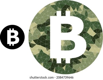 Camouflage triangle collage bitcoin icon. Low-poly bitcoin icon is constructed with chaotic camouflage color triangle parts. Vector bitcoin pictogram created in camo military style.