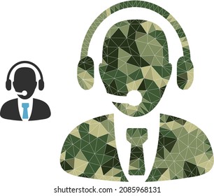 Camouflage triangle collage call center operator icon. Lowpoly call center operator icon designed with random camo color triangle parts. Vector call center operator icon designed in khaki army style.