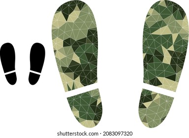 Icono de huellas humanas del collage del triángulo de camuflaje. El pictograma de huellas humanas de bajo nivel de pólice está diseñado a partir de piezas triangulares de color caótico.