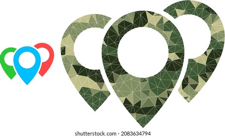 Camouflage triangle collage map pointers icon. Low-poly map pointers pictogram is designed of chaotic camouflage filled triangle parts.