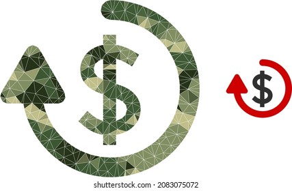 Camouflage triangle collage refund icon. Low-poly refund icon is constructed from random camouflage filled triangle parts. Vector refund pictogram created in camouflage army style.