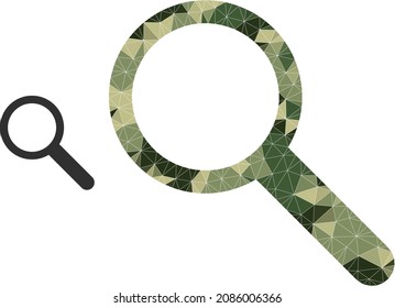 Camouflage triangle collage search icon. Lowpoly search icon is constructed from chaotic camouflage color triangle parts. Vector search icon in camouflage military style.