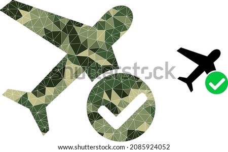 Camouflage triangle mosaic accept airplane icon. Lowpoly accept airplane icon constructed of chaotic camouflage filled triangle parts. Vector accept airplane icon in khaki army style.
