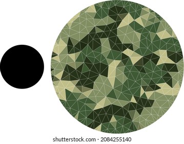 Camouflage triangle mosaic circle icon. Low-poly circle icon is designed from scattered khaki color triangle parts. Vector circle icon designed in khaki military style.