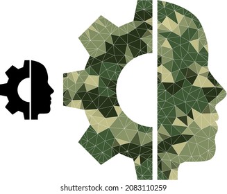 Camouflage triangle mosaic cyborg head icon. Low-poly cyborg head icon is combined from random camouflage filled triangle parts. Vector cyborg head icon created in camouflage army style.