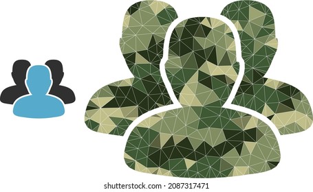 Camouflage triangle mosaic people icon. Lowpoly people icon is constructed from randomized camouflage colored triangle parts. Vector people icon in camouflage army style.