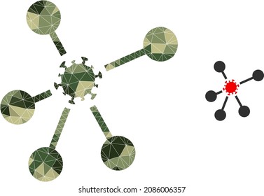 Icono de red de virus de mosaico triangular de camuflaje. Pictograma de red de virus de baja densidad combinado con piezas triangulares de color caótico de camuflaje. Pictograma de red de virus vectores creado al estilo de ejército de camuflaje.