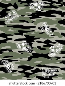 Camouflage with trucks seamless repeat print