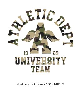 Camouflage t-shirt design. Athletic cute shirt graphic with military pattern in college or varsity style. Army style tee print. Vector