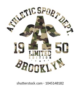 Camouflage t-shirt design. Athletic cute shirt graphic with military pattern in college or varsity style. Army style tee print. Vector