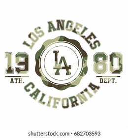 Camouflage typography for t-shirt print. Los Angeles, varsity, athletic t-shirt graphics. Vector