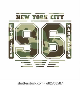 Camouflage typography for t-shirt print. New York, varsity, athletic t-shirt graphics. Vector