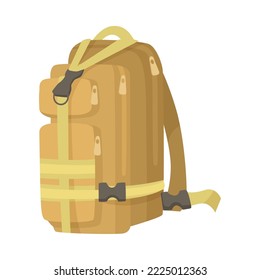 Camouflage uniform backpack cartoon illustration. Beige or khaki bag for soldiers or officers, equipment for combat or battle isolated on white background. Army, accessories, protection concept