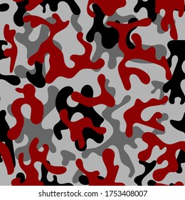 Camouflage In An Urban Style. Camo In Black, Red And Gray Colors. Seamless Pattern. Vector.