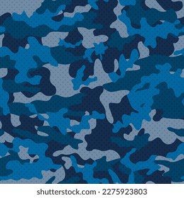 Camouflage vector blue seamless pattern.