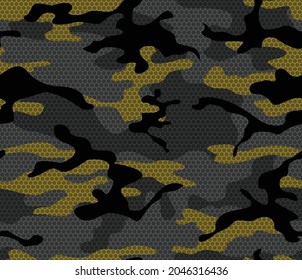 Camouflage vector pattern black, yellow spots, geometric seamless pattern for fashion design.