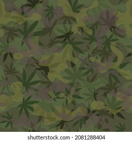 Camouflage vector pattern, cannabis leaves, seamless trendy background.