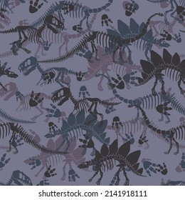 Camouflage vector pattern with dinosaur skeleton. 