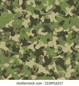 Camouflage vector pattern with dinosaur skeleton. 