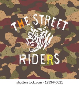 Camouflage vector seamless pattern and motorcycle slogan graphic with tiger