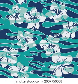 Camouflage wave wallpaper with hibiscus flower abstract vector seamless pattern