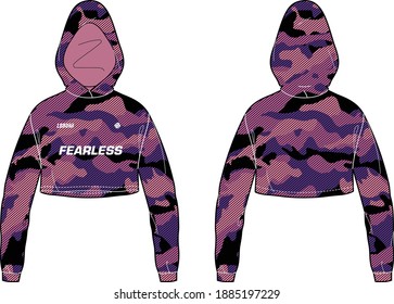 Camouflage Women long sleeve Sports Hooded crop top  sweatshirt t-shirt Jersey design concept Illustration Vector suitable for girls and Ladies for training uniform kit for sports activity