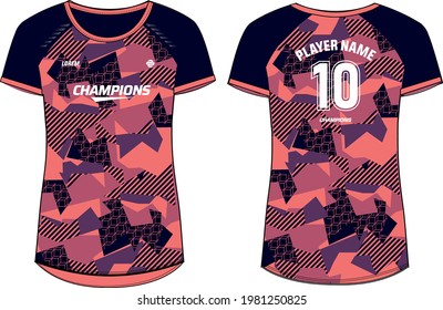 Camouflage Women Sports Jersey t-shirt design  Illustration, round Neck t shirt for girls and Ladies Volleyball jersey, Football, badminton, Soccer, netball and tennis, Sport uniform kit for sports