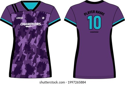 Camouflage Women Sports Jersey t-shirt design concept Illustration suitable for girls and Ladies for Volleyball jersey, Football, badminton, Soccer, netball and tennis, Sport uniform kit for sports