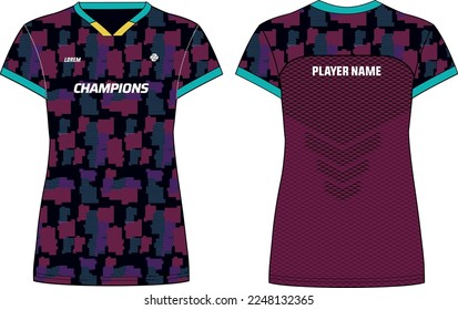Camouflage Women Sports Jersey t-shirt design concept Illustration suitable for girls and Ladies for Volleyball jersey, Football, badminton, Soccer, netball and tennis, Sport uniform kit for sports