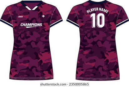 Camouflage Women Sports Jersey t-shirt design concept Illustration suitable for girls and Ladies for Volleyball jersey, Football, badminton, Soccer, netball and tennis, Sport uniform kit for sports