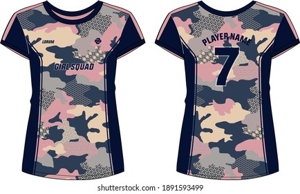 Camouflage Women Sports T-shirt Jersey Design Concept Illustration Vector Suitable For Girls And Ladies For Badminton, Soccer, Netball, Football, Tennis, Volleyball Jersey.