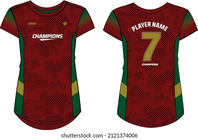 Camouflage Women Sports t-shirt Jersey design Flat sketch Illustration Vector suitable for girls and Ladies for badminton, Soccer, netball, Football, tennis, Volleyball jersey uniform sport kit