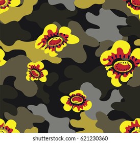 Camouflage with yellow flower and dot.
camouflage for printed on the product.
seamless floral camouflage graphic for digital print
seamless vector flower camouflage pattern.