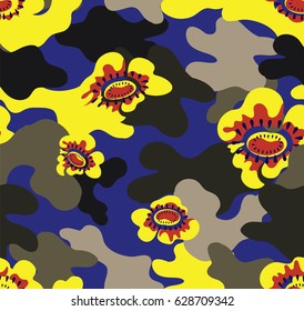 Camouflage with yellow flower and dot.
camouflage for printed on the product.
seamless floral camouflage graphic for digital print
seamless vector flower camouflage pattern.