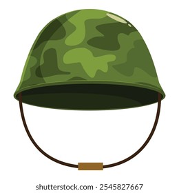 Camouflaged combat helmet providing head protection, featuring a chin strap for secure fastening