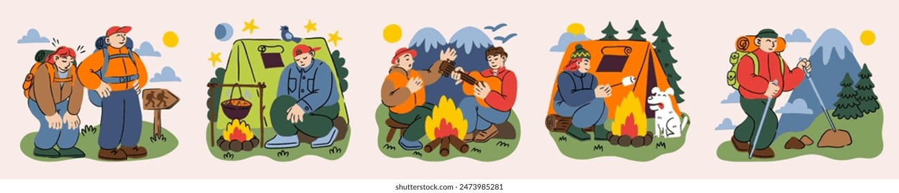 Camp activity. Summer camping. People trekking in forest. Mountain hiking. Outdoor vacation. Tent and bonfire. Night adventure in nature. Scout campsite. Tourists journey. Vector travel scenes set