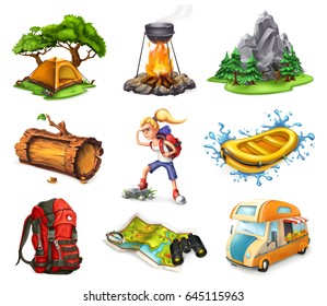 Camp and adventure, 3d vector icons set.