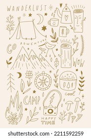 Camp adventure doodle symbols, travel icons set, hand drawn camping bundle. Vector and jpg printable images, unique boho clipart illustrations, editable isolated details. Perfect for poster or