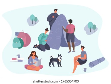 Camp Adventure and Family Trip with Dog.Camping with Active Frirnds Characters in Outdoor Travel.Summertime on Nature.Camp in Wildlife Nature Forest.Summer Picnic Activity.Flat Vector Illustration