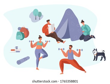 Camp Adventure and Family Trip with Dog.Camping with Active People Characters in Outdoor Travel.Summertime on Nature with Dog.Camp in Wildlife Nature Forest.Flat Vector Illustration