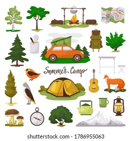 Camp adventure vector illustration icons set. Cartoon flat tourist camping equipment, map, tent and campfire, green trees and animals in forest. Elements of outdoor summer tourism isolated on white