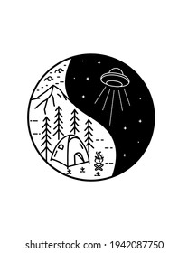 the camp attacked by UFO in yin yang concept , vector design, Tee design, T-Shirt Design