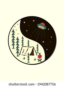 the camp attacked by UFO in yin yang concept , vector design, Tee design, T-Shirt Design