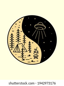 the camp attacked by UFO in yin yang concept , mono line art, patch badge design vector design, Tee design, T-Shirt Design