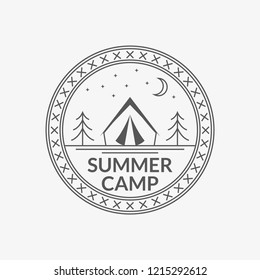 Camp badge. Round summer camping emblem with tourist tent. Vector illustration.