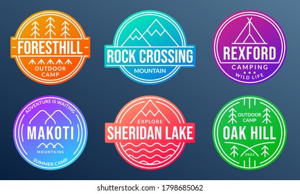 Camp badge set. Camping emblems with forest, mountain, lake or river and tourist tent. Colorful Outdoor adventure logos. Trekking or hiking and climbing design elements. Vector illustration.